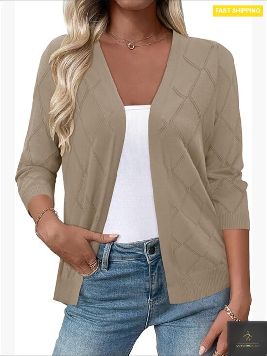 Sweaters - Lightweight 3/4 Sleeve Knit Cardigan Open Front V Neck Casual Sweater Cover Up